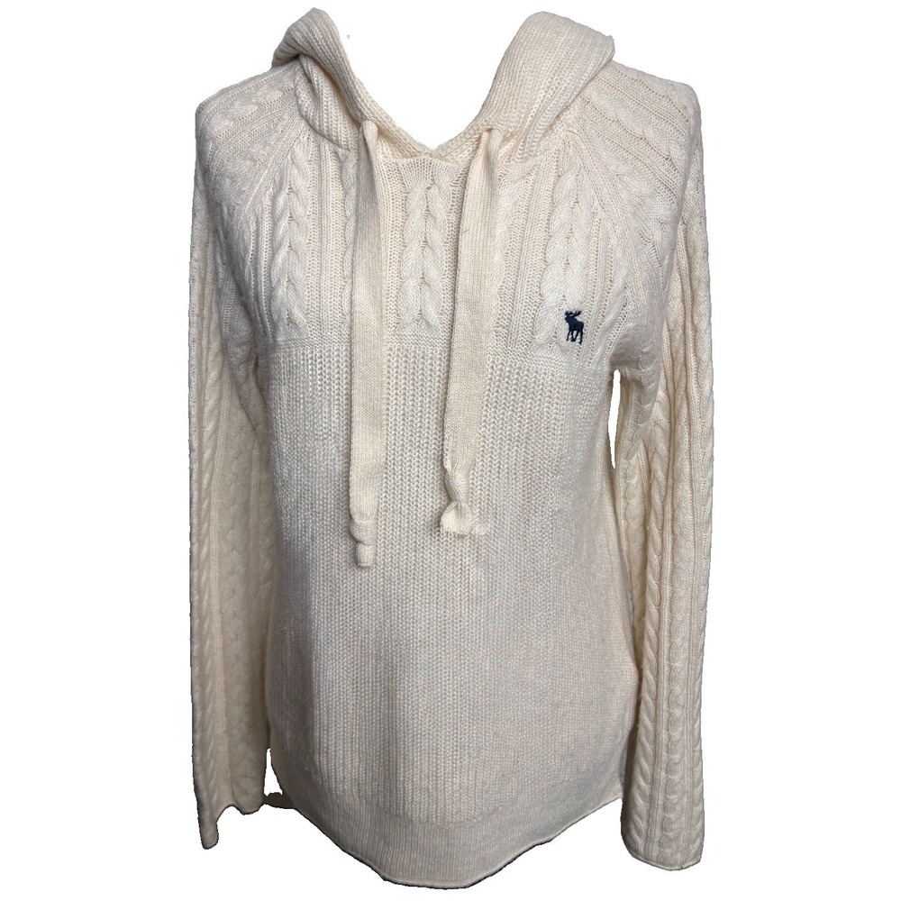 Abercrombie & Fitch Cable Knit Hooded Sweater Womens S Cream Y2K Cozy Moose